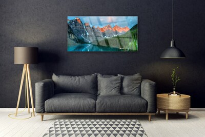 Glass Wall Art Mountain forest lake landscape blue green grey yellow