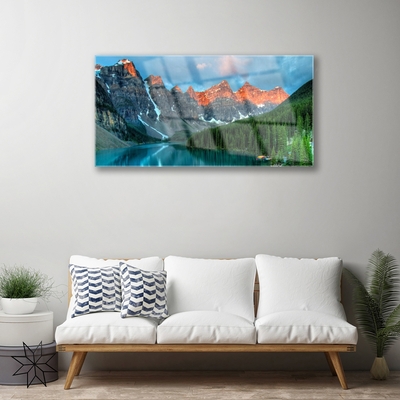 Glass Wall Art Mountain forest lake landscape blue green grey yellow