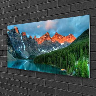 Glass Wall Art Mountain forest lake landscape blue green grey yellow