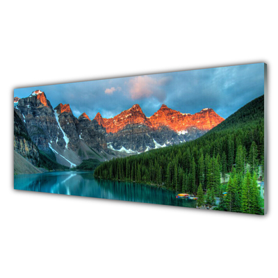 Glass Wall Art Mountain forest lake landscape blue green grey yellow