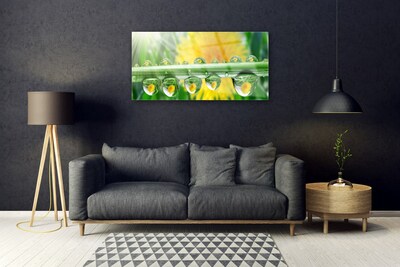 Glass Wall Art Stem dew drops floral green