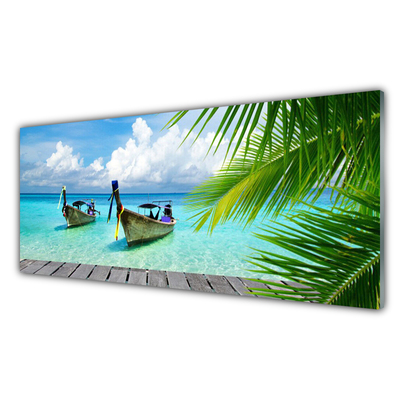 Glass Wall Art Boats sea landscape blue brown green