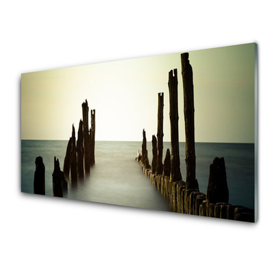 Glass Wall Art Sea landscape grey blue