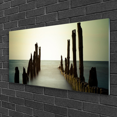 Glass Wall Art Sea landscape grey blue