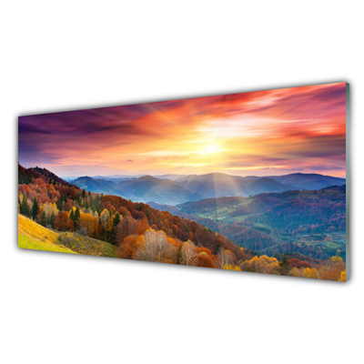 Glass Wall Art Mountain forest yellow landscape green blue yellow pink