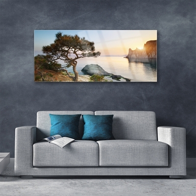 Glass Wall Art Lake tree landscape blue brown green