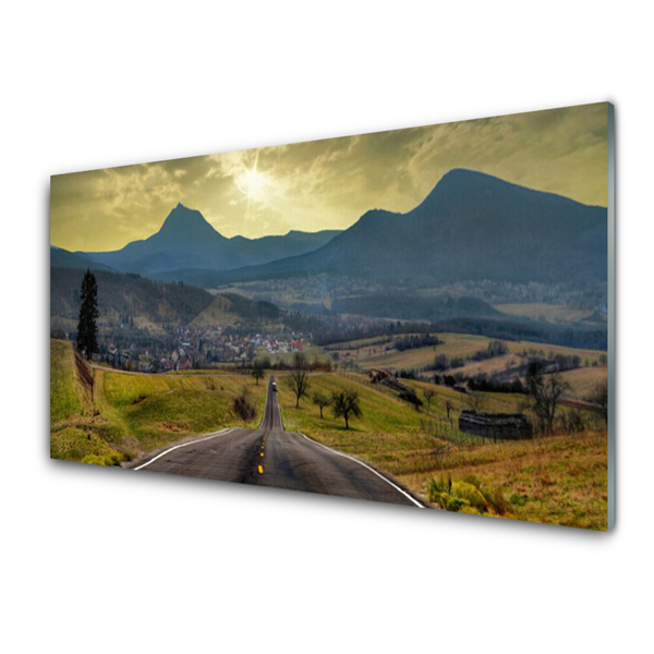 Glass Wall Art Road mountain landscape black green blue