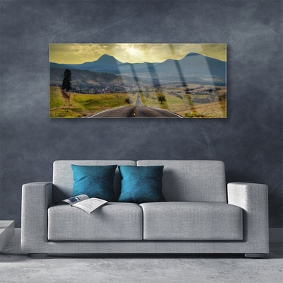 Glass Wall Art Road mountain landscape black green blue