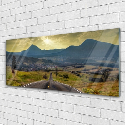 Glass Wall Art Road mountain landscape black green blue