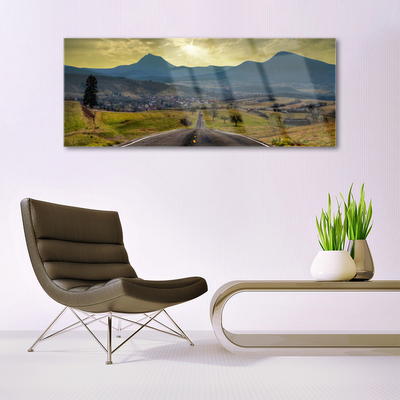 Glass Wall Art Road mountain landscape black green blue