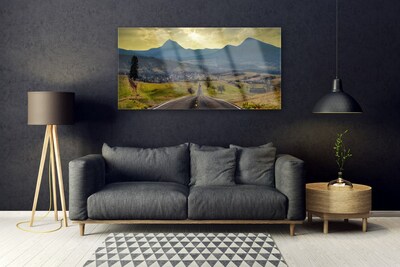 Glass Wall Art Road mountain landscape black green blue