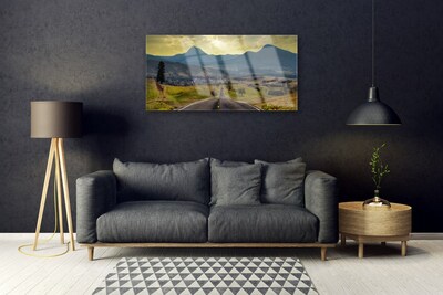 Glass Wall Art Road mountain landscape black green blue