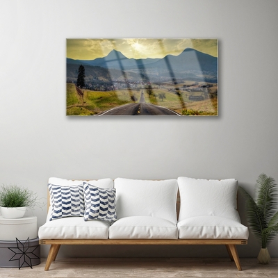 Glass Wall Art Road mountain landscape black green blue