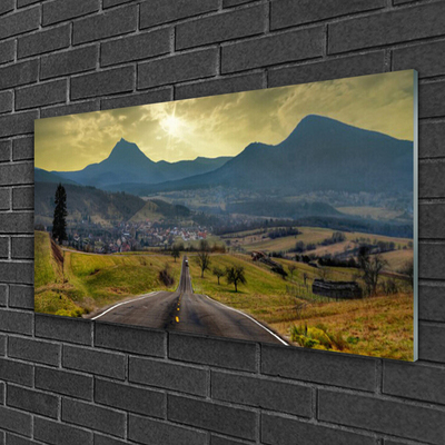 Glass Wall Art Road mountain landscape black green blue