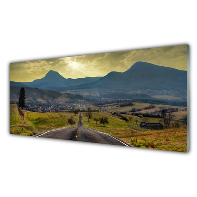 Glass Wall Art Road mountain landscape black green blue