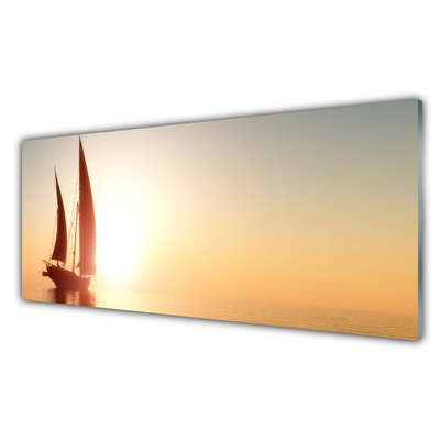 Glass Wall Art Boat landscape yellow brown