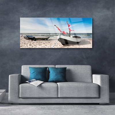 Glass Wall Art Boats beach landscape white black brown blue