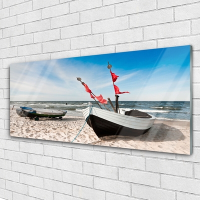 Glass Wall Art Boats beach landscape white black brown blue