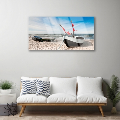 Glass Wall Art Boats beach landscape white black brown blue