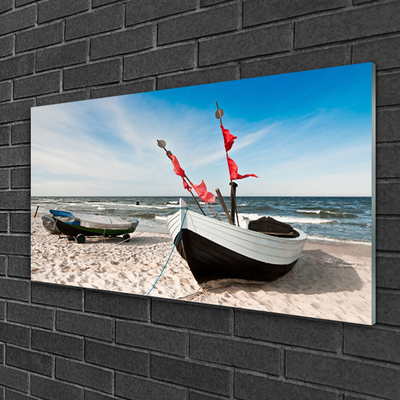 Glass Wall Art Boats beach landscape white black brown blue