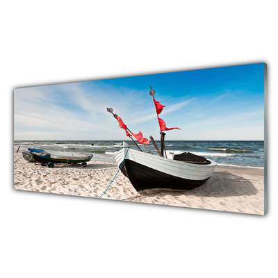 Glass Wall Art Boats beach landscape white black brown blue