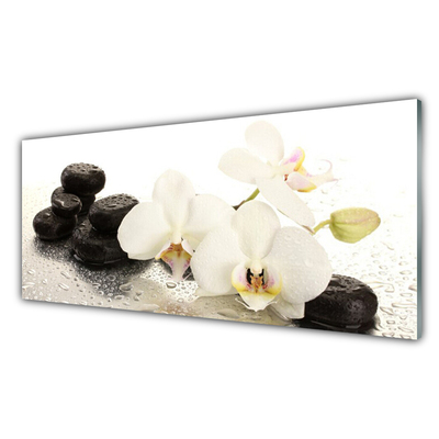 Glass Wall Art Flower stones floral white black
