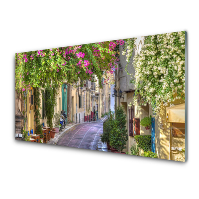 Glass Wall Art Alley houses floral yellow green brown