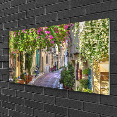 Glass Wall Art Alley houses floral yellow green brown
