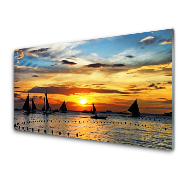 Glass Wall Art Boats sea sun landscape blue yellow black grey