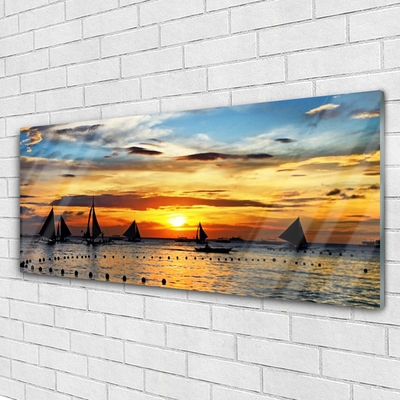 Glass Wall Art Boats sea sun landscape blue yellow black grey