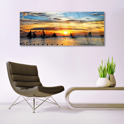 Glass Wall Art Boats sea sun landscape blue yellow black grey