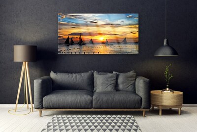 Glass Wall Art Boats sea sun landscape blue yellow black grey