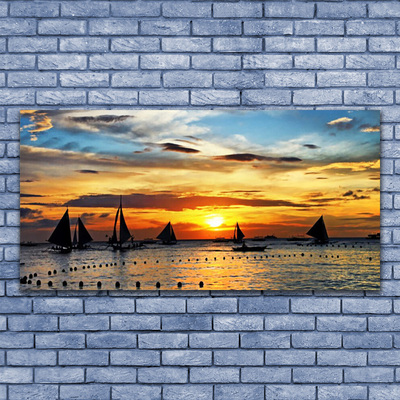 Glass Wall Art Boats sea sun landscape blue yellow black grey