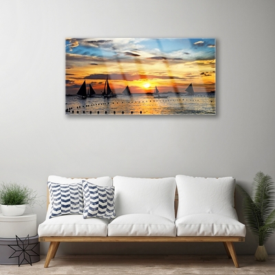 Glass Wall Art Boats sea sun landscape blue yellow black grey