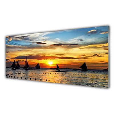 Glass Wall Art Boats sea sun landscape blue yellow black grey