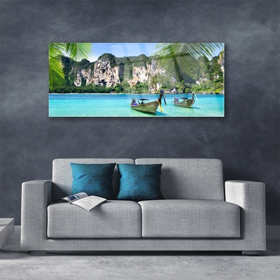 Glass Wall Art Boats sea landscape blue grey green