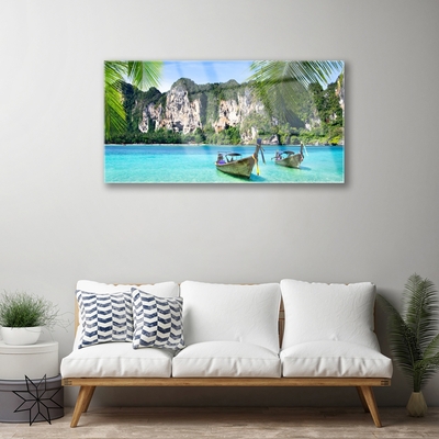 Glass Wall Art Boats sea landscape blue grey green