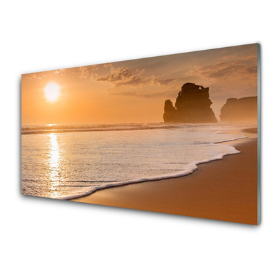 Glass Wall Art Sea beach sun landscape brown yellow white