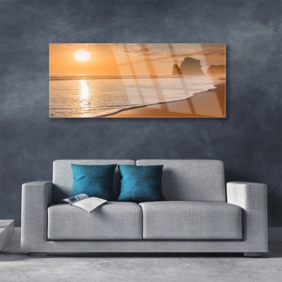 Glass Wall Art Sea beach sun landscape brown yellow white