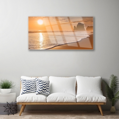 Glass Wall Art Sea beach sun landscape brown yellow white