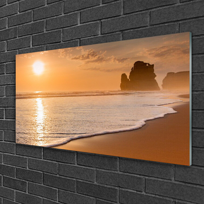 Glass Wall Art Sea beach sun landscape brown yellow white