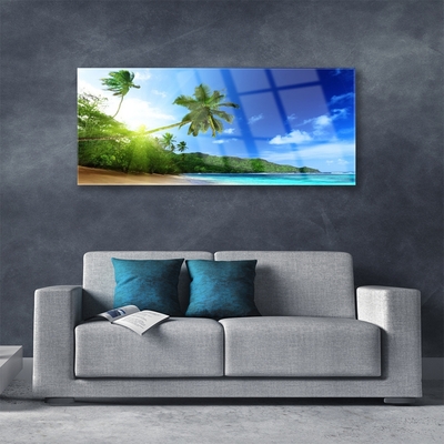 Glass Wall Art Beach sea palm trees landscape brown green blue