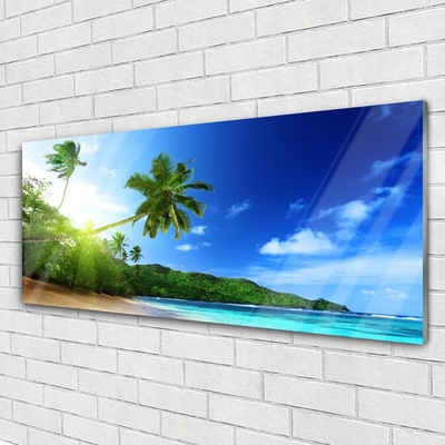 Glass Wall Art Beach sea palm trees landscape brown green blue