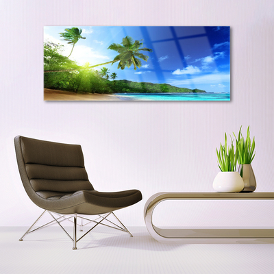 Glass Wall Art Beach sea palm trees landscape brown green blue