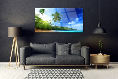 Glass Wall Art Beach sea palm trees landscape brown green blue