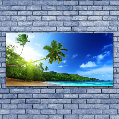 Glass Wall Art Beach sea palm trees landscape brown green blue