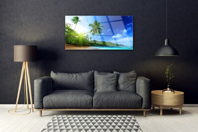 Glass Wall Art Beach sea palm trees landscape brown green blue