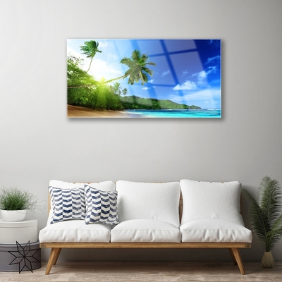 Glass Wall Art Beach sea palm trees landscape brown green blue