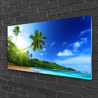 Glass Wall Art Beach sea palm trees landscape brown green blue