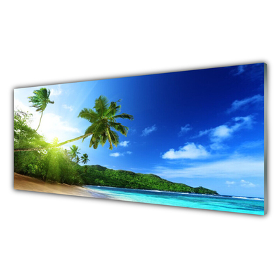 Glass Wall Art Beach sea palm trees landscape brown green blue